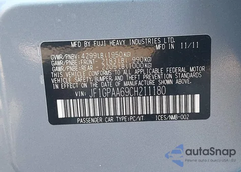 2012 Subaru Impreza 2.0I из США, поврежденный, VIN JF1GPAA69CH211180